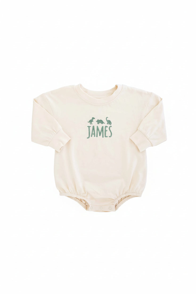 dino and name embroidered romper long sleeve 