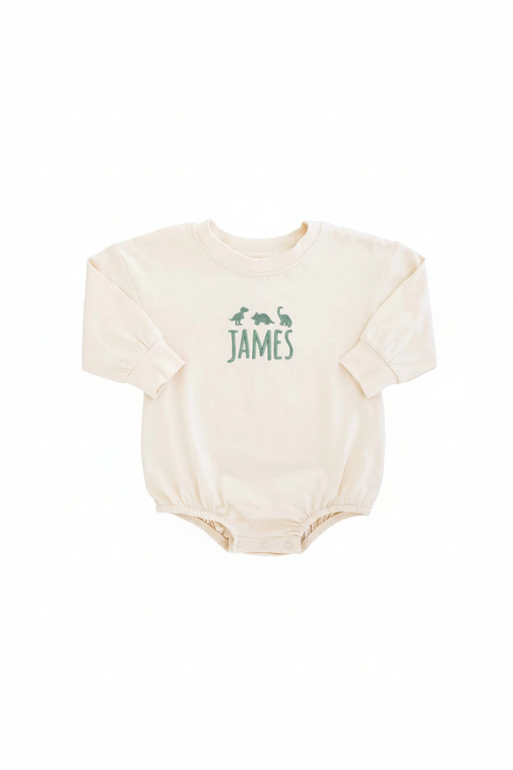 dino and name embroidered romper long sleeve 