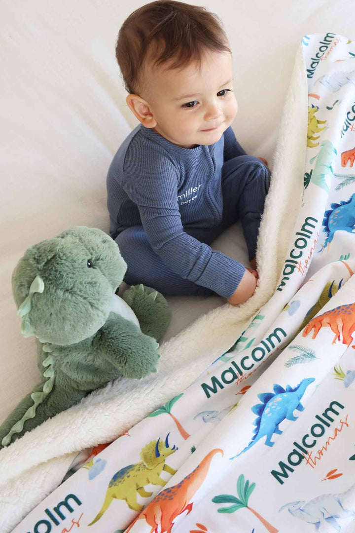 colorful dinosaur personalized sherpa blanket for kids 