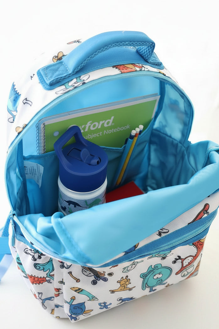 dinosaur backpack for boys with turquoise interior lining 