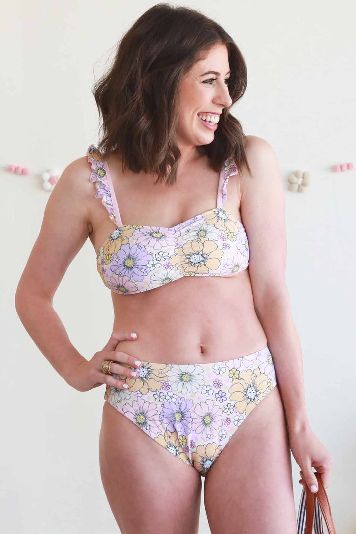 retro floral high waisted women's upf 50+ bikini 