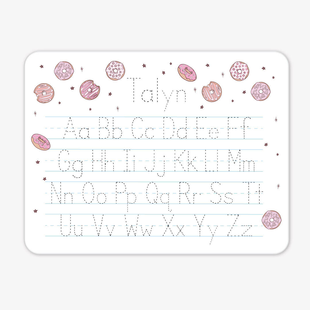 personalized whiteboard with pink donuts 