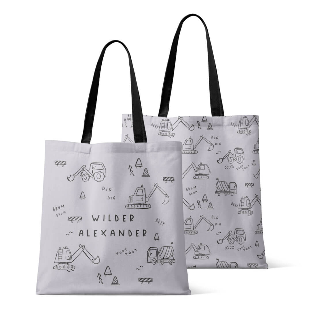 personalized tote bag in bulldozer and construction truck doodle print