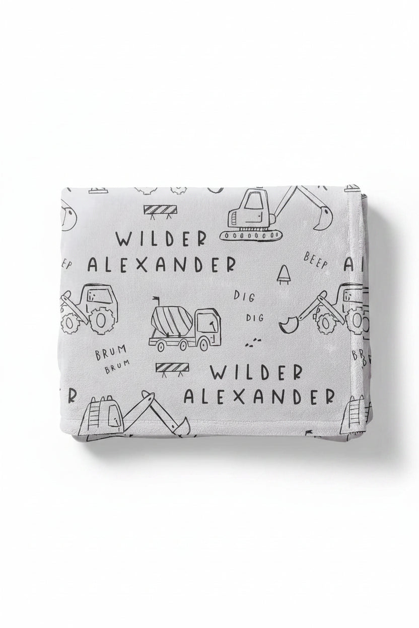 personalized kids blanket with trucks and dozers doodle print