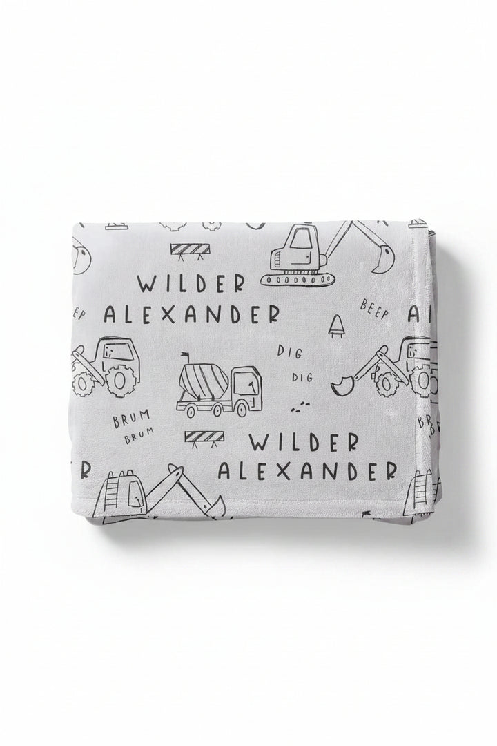 personalized kids blanket with trucks and dozers doodle print