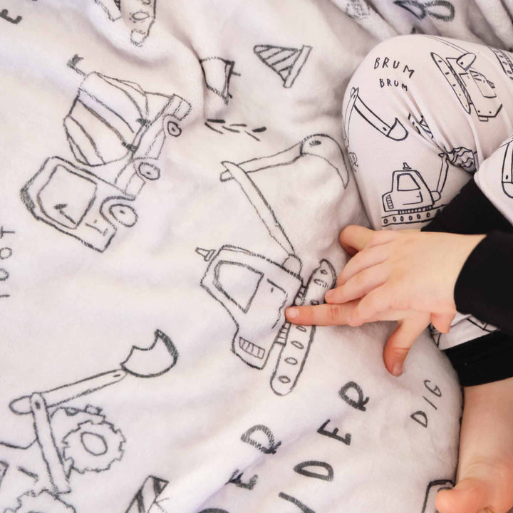 personalized graphic blanket in construction truck and bulldozer doodle print for boys