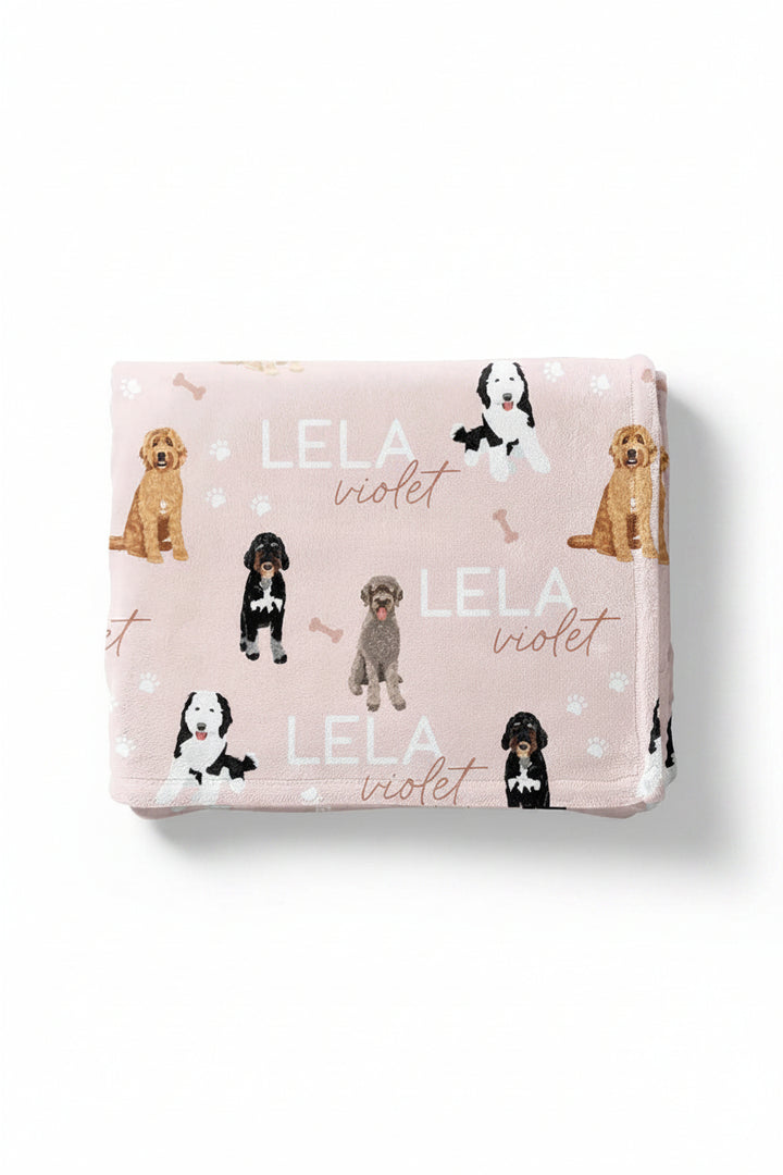 pink personalized kids blanket with doodles