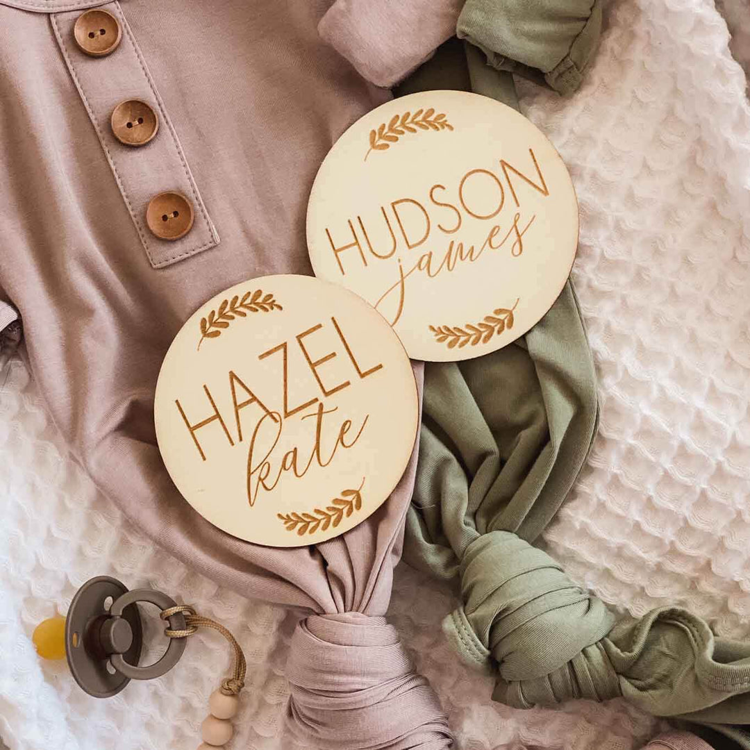 double leaf personalized baby name wood announcement 