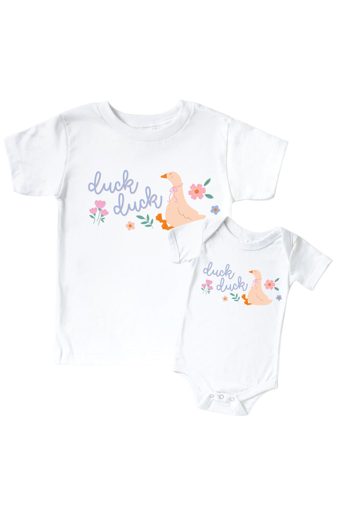 White kids tee and baby bodysuit mockup with Duck Duck graphic featuring a goose with flowers and script text, showing both sizes on a white background