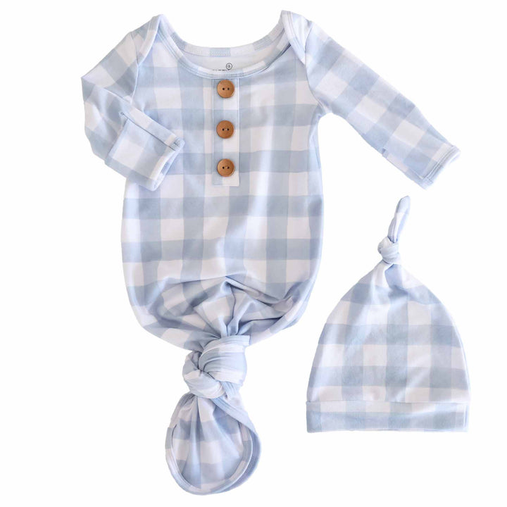 blue gingham print babies knot gown with matching hat