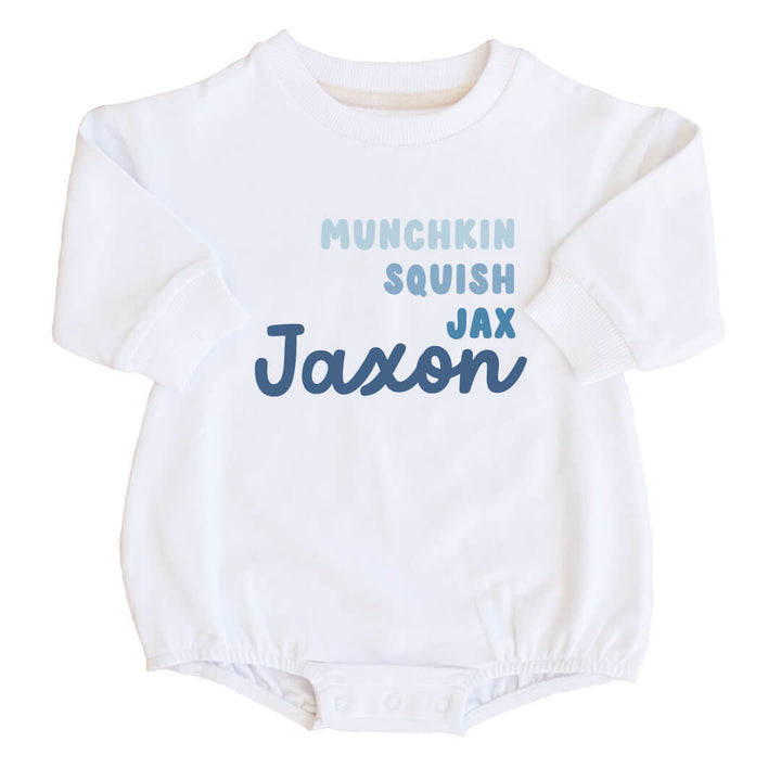 personalized blue nicknames graphic white bubble romper onesie for babies