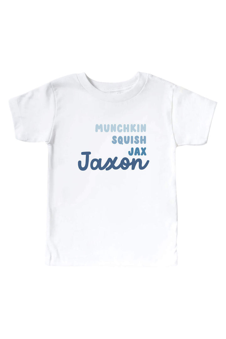 personalized blue nicknames graphic white tee for kids