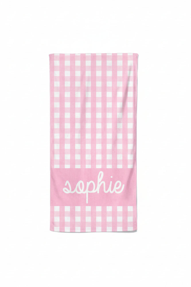 cute and cozy personalized beach towel for kids in dusty pink seersucker
