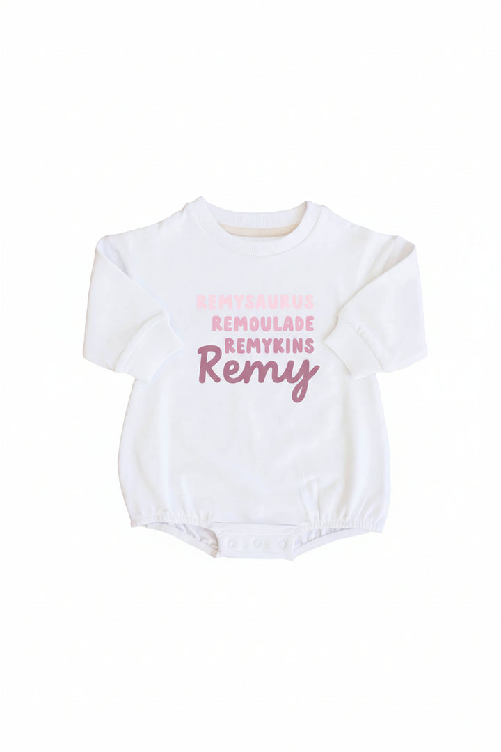 personalized pink nicknames graphic white bubble romper onesie for babies