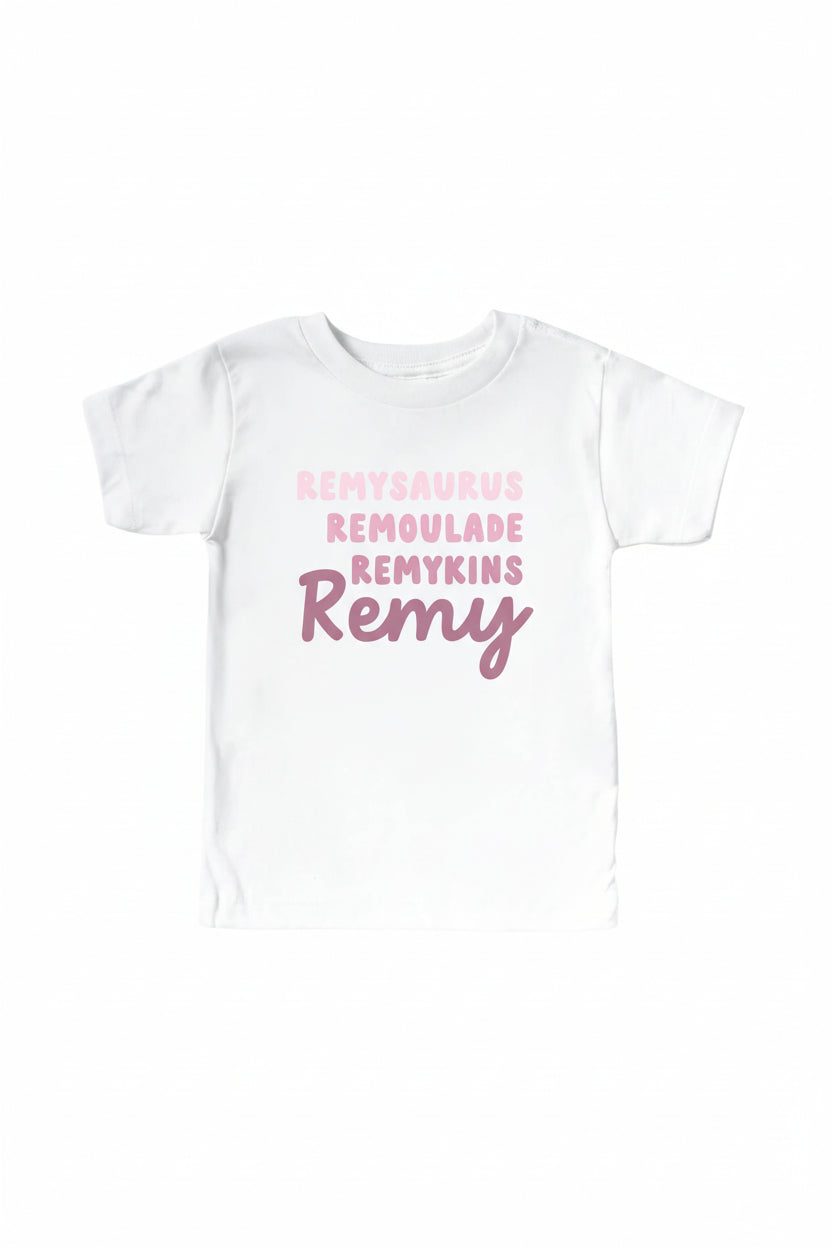 personalized pink nicknames graphic white tee for kids