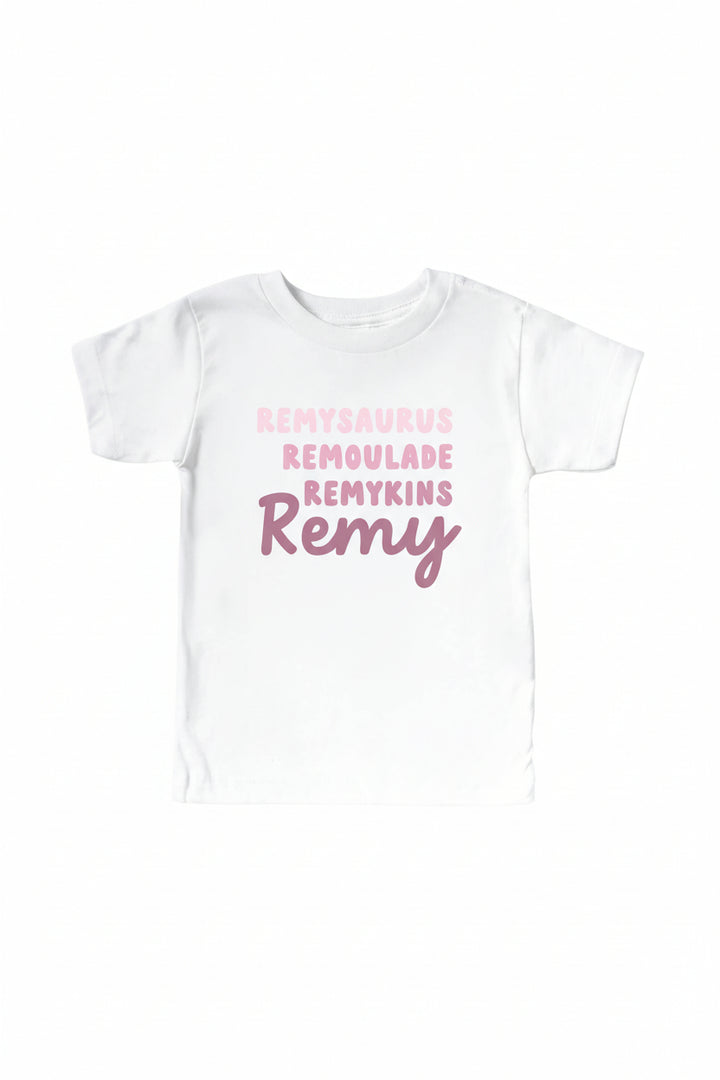 personalized pink nicknames graphic white tee for kids