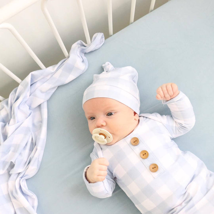 knot gown and hat set blue gingham 