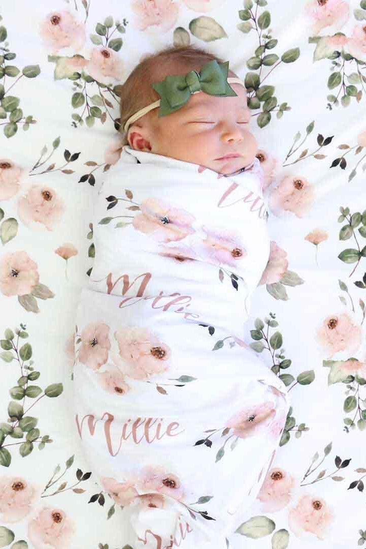 dusty pink floral personalized oversized swaddle blanket 