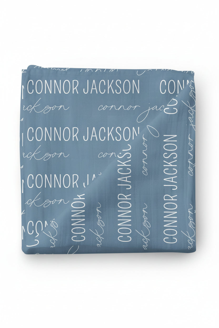 dusty blue personalized swaddle blanket 