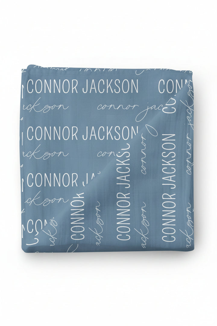 dusty blue personalized swaddle blanket 
