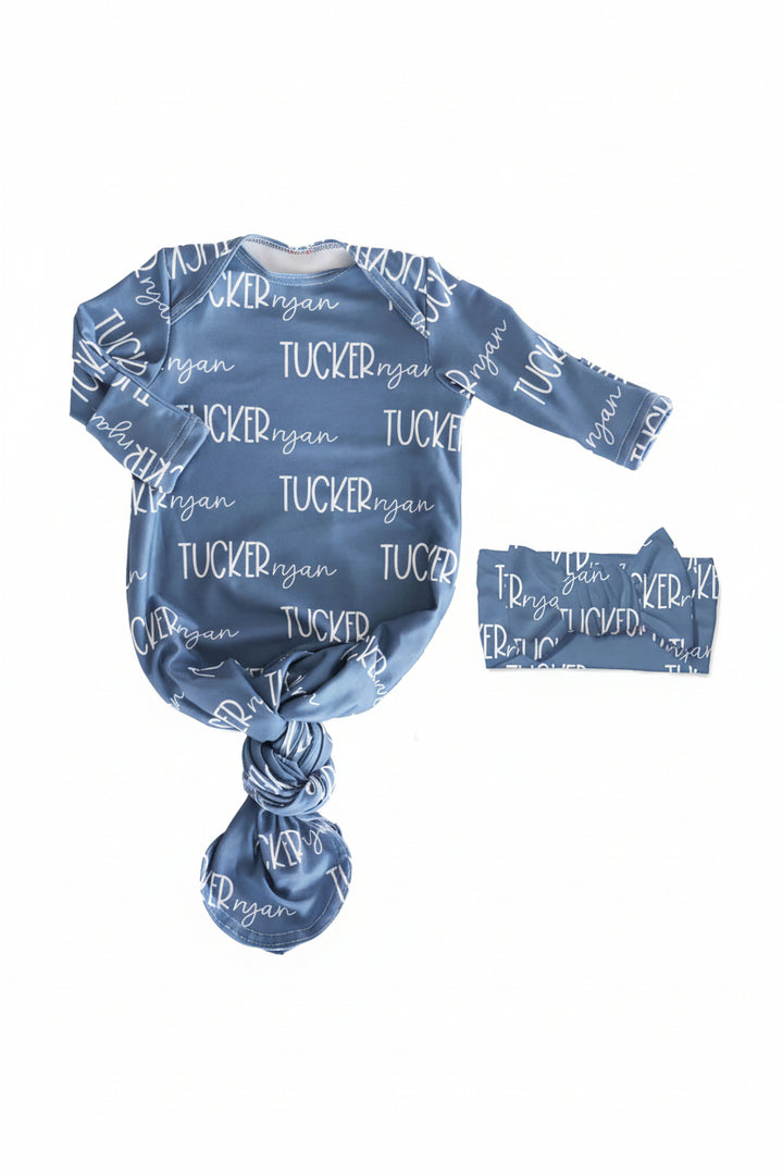 personalized dusty blue knot gown and headwrap set 
