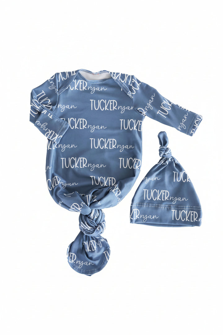 dusty blue personalized knot gown for babies 