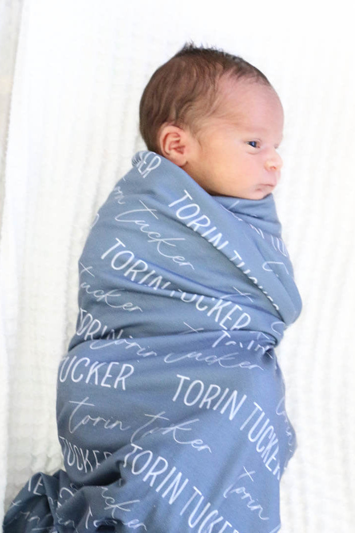 baby swaddle blanket with name dusty blue 