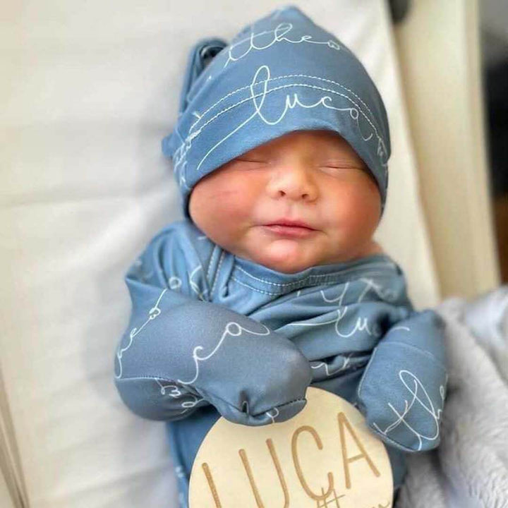 personalized baby knot gown dusty blue script font 