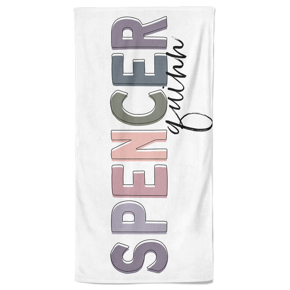 dusty hue personalized beach towel block font 