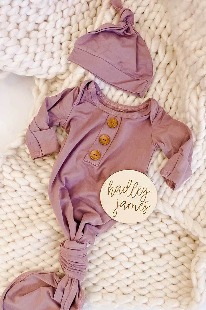 purple knot gown for newborns with buttons 