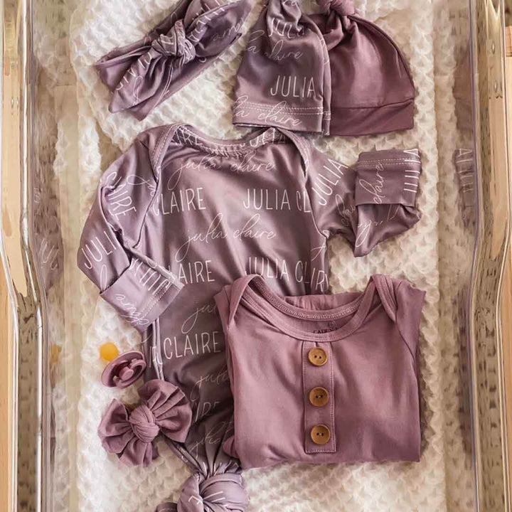 personalized knot gown for newborns dusty purple