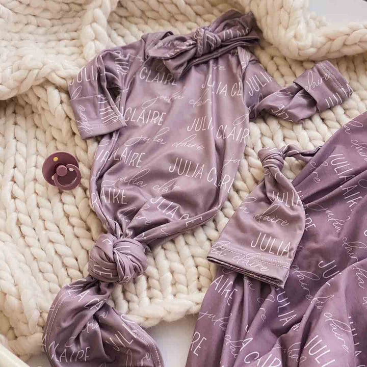 dusty purple knot gown personalized with name