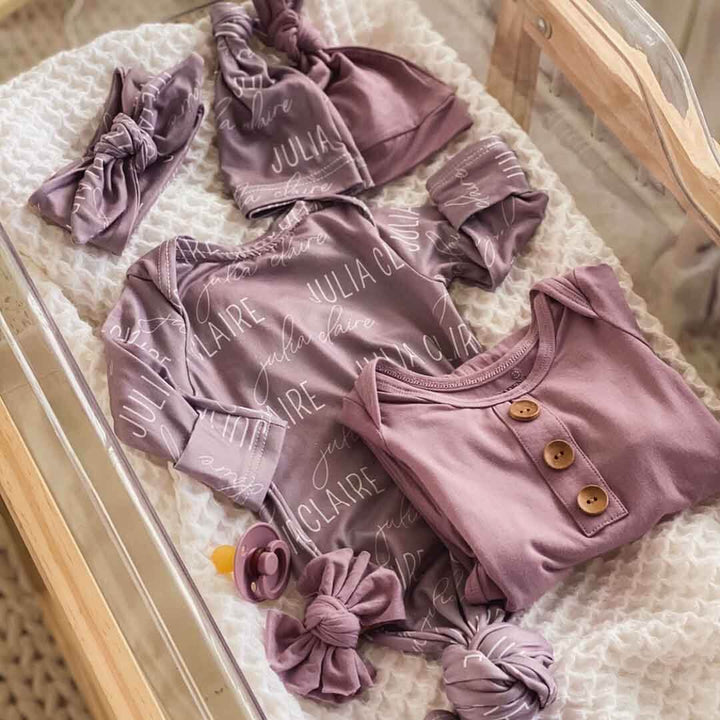 dusty purple personalized knot gown block and script 