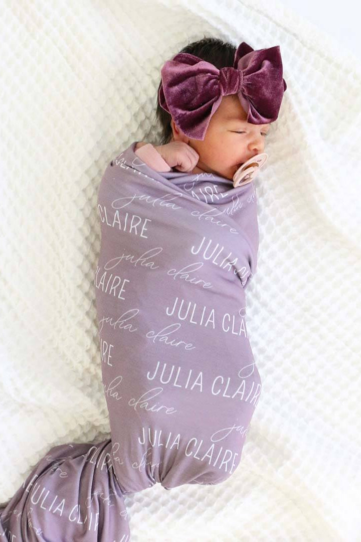 dusty purple personalized swaddle blanket with name 