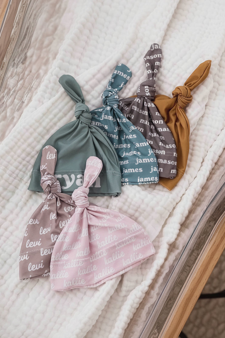 earthy tones personalized knotted hats 