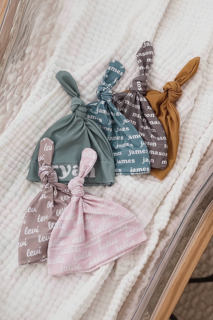 earthy tones personalized knotted hats 