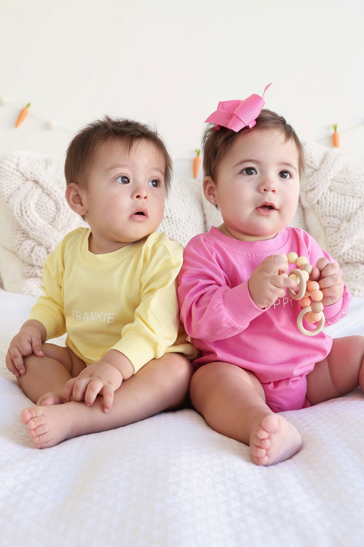 pink and yellow personalized long sleeve bubble rompers