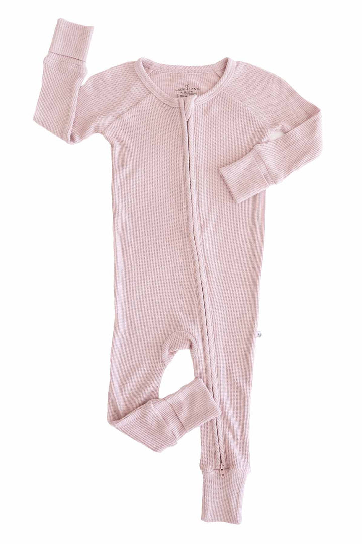 light pink/purple caden lane bamboo waffle convertible zip romper for girls 