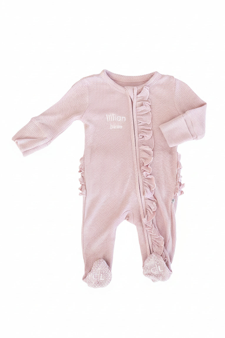 elderberry bamboo waffle ruffle zipper footie for girls embroidered 