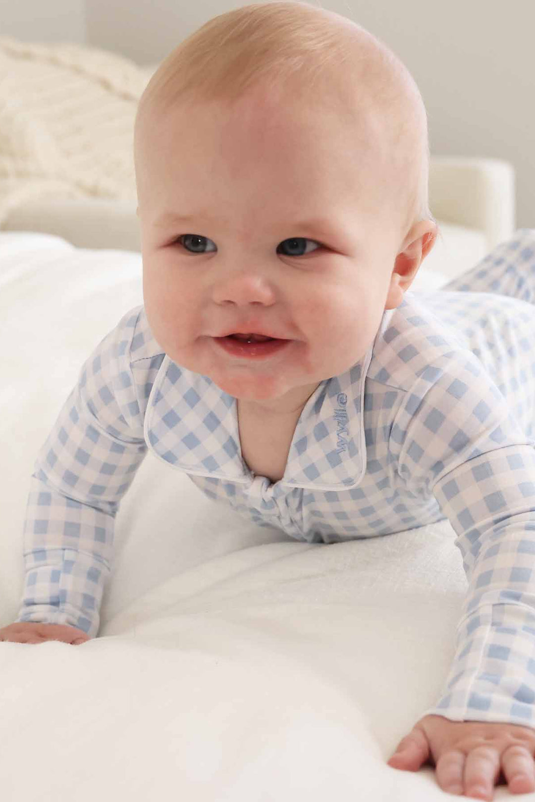 light blue gingham footie with peter pan collar and name embroidery for newborns