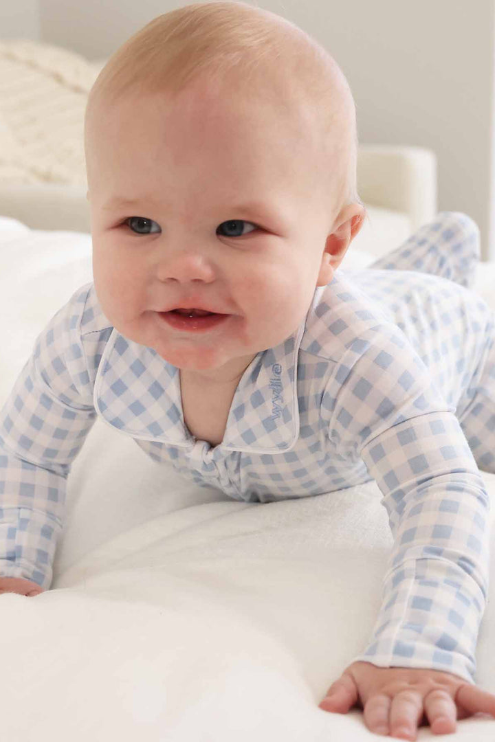 light blue gingham footie with peter pan collar and name embroidery for newborns