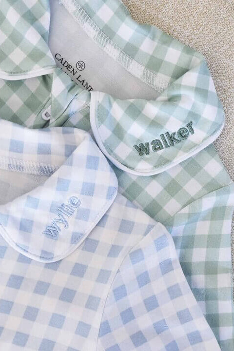 green, beige and blue peter pan collar gingham print pajamas with embroidery for babies