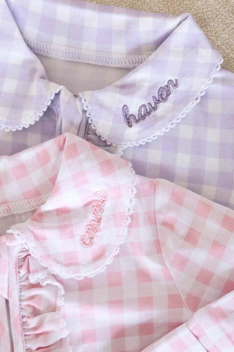 embroidered peter pan collar gingham print pajamas for babies