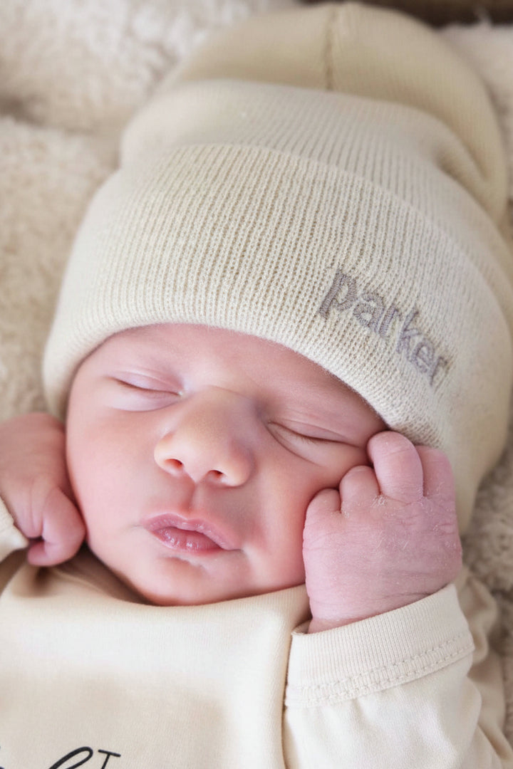 embroidered name baby beanie gender neutral