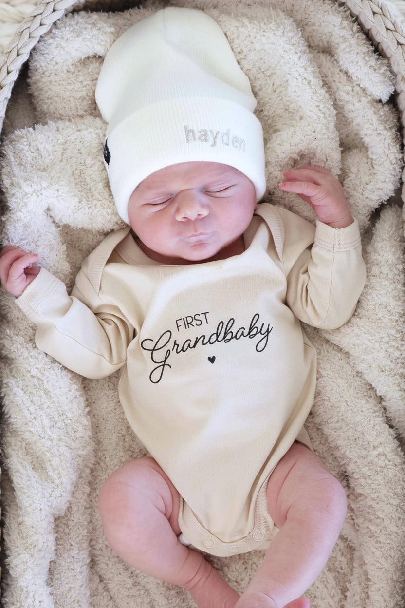 light neutral embroidered baby beanie 