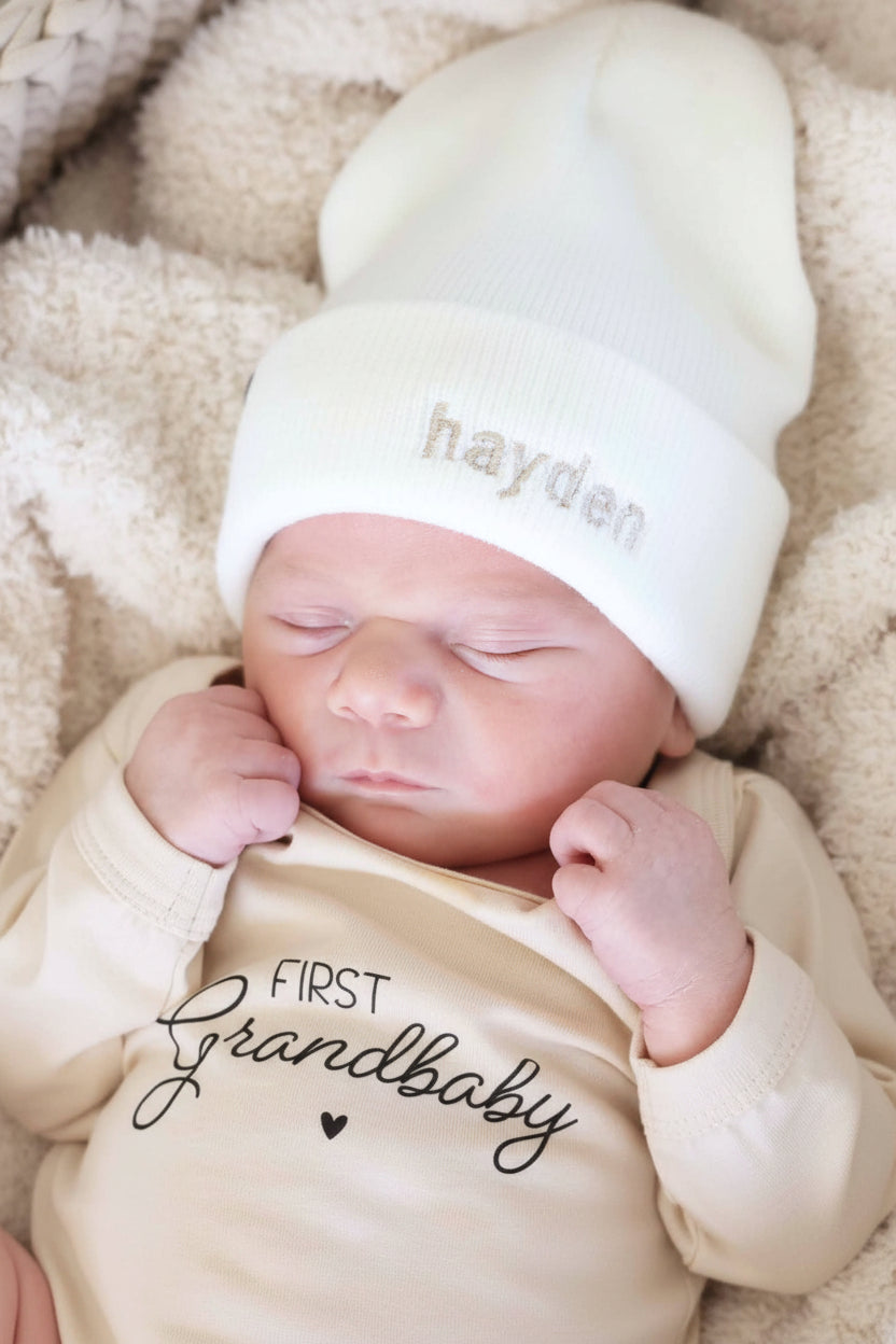 white embroidered newborn beanie 