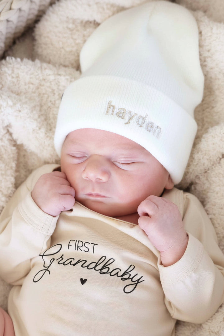 white embroidered newborn beanie 