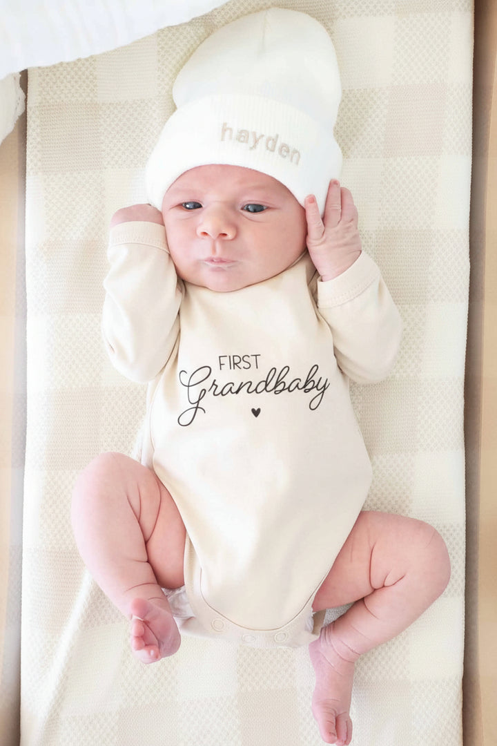 white baby beanie embroidered with name 