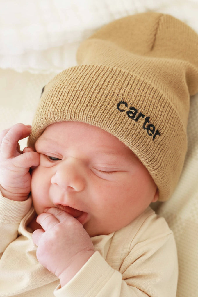 caramel embroidered name beanie gender neutral 