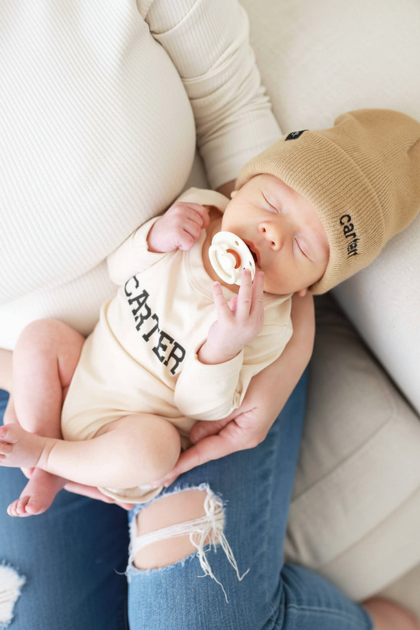 light brown beanie for babies embroidered with name 